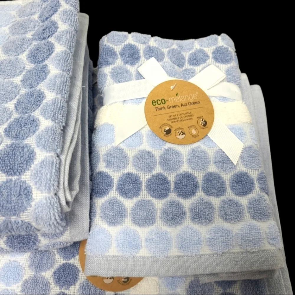 6pc ECO Melange 2 Bath 2 Hand 2 Tip Towel Set Blue Ombre Dot Stripe New